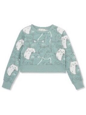 Peek Kids Allover Cat Print Pullover Sweatshirt Aqua Size 6-7